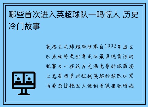 哪些首次进入英超球队一鸣惊人 历史冷门故事